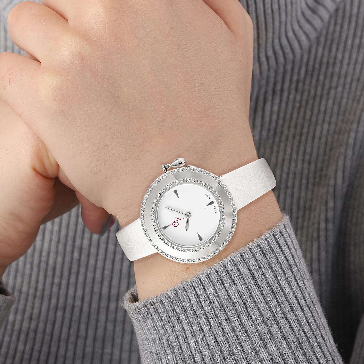 Lucy Q Swiss Movement 5 ATM Water Resistent Watch with Charm with White Strap in Stainless Steel