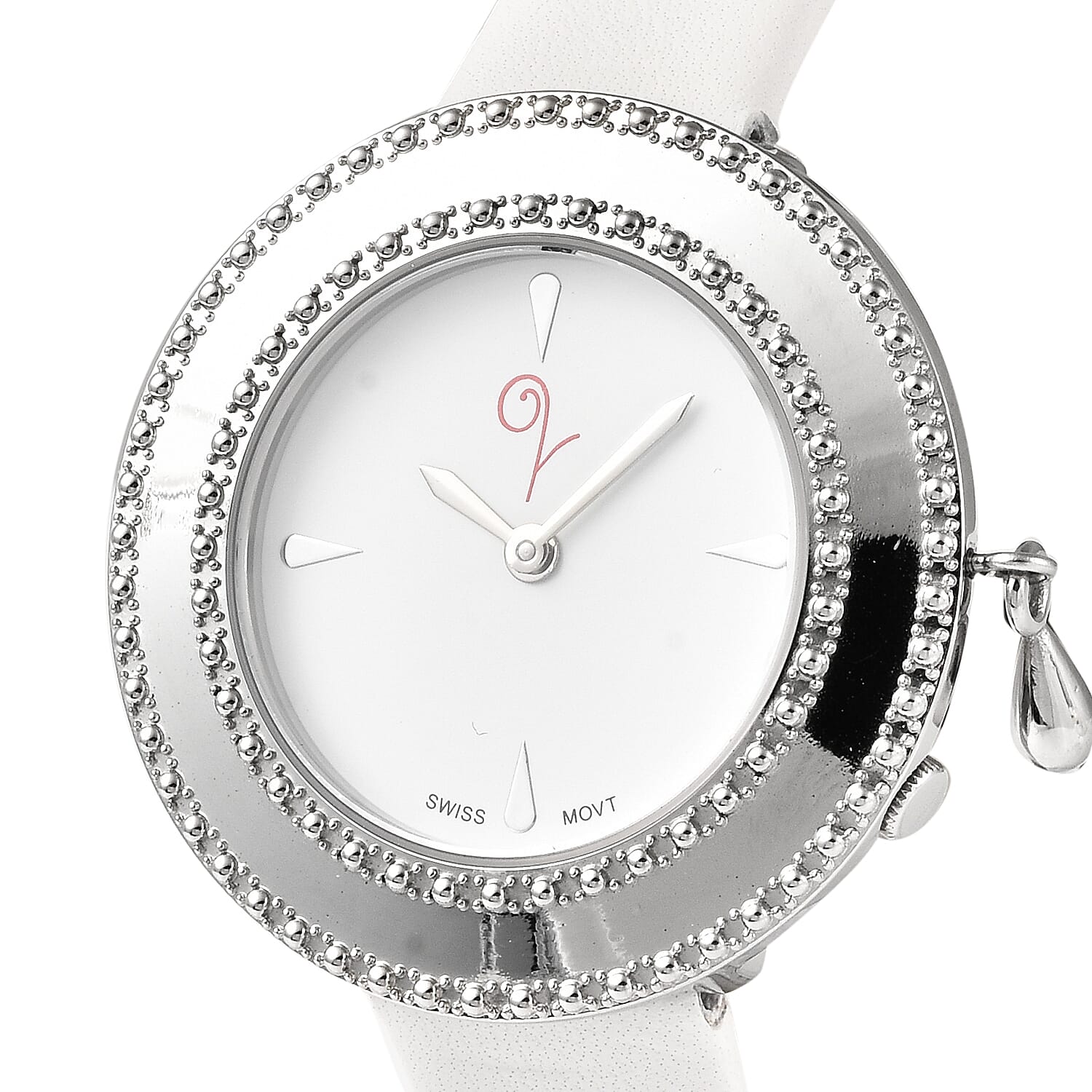 Lucy Q Swiss Movement 5 ATM Water Resistent Watch with Charm with White Strap in Stainless Steel