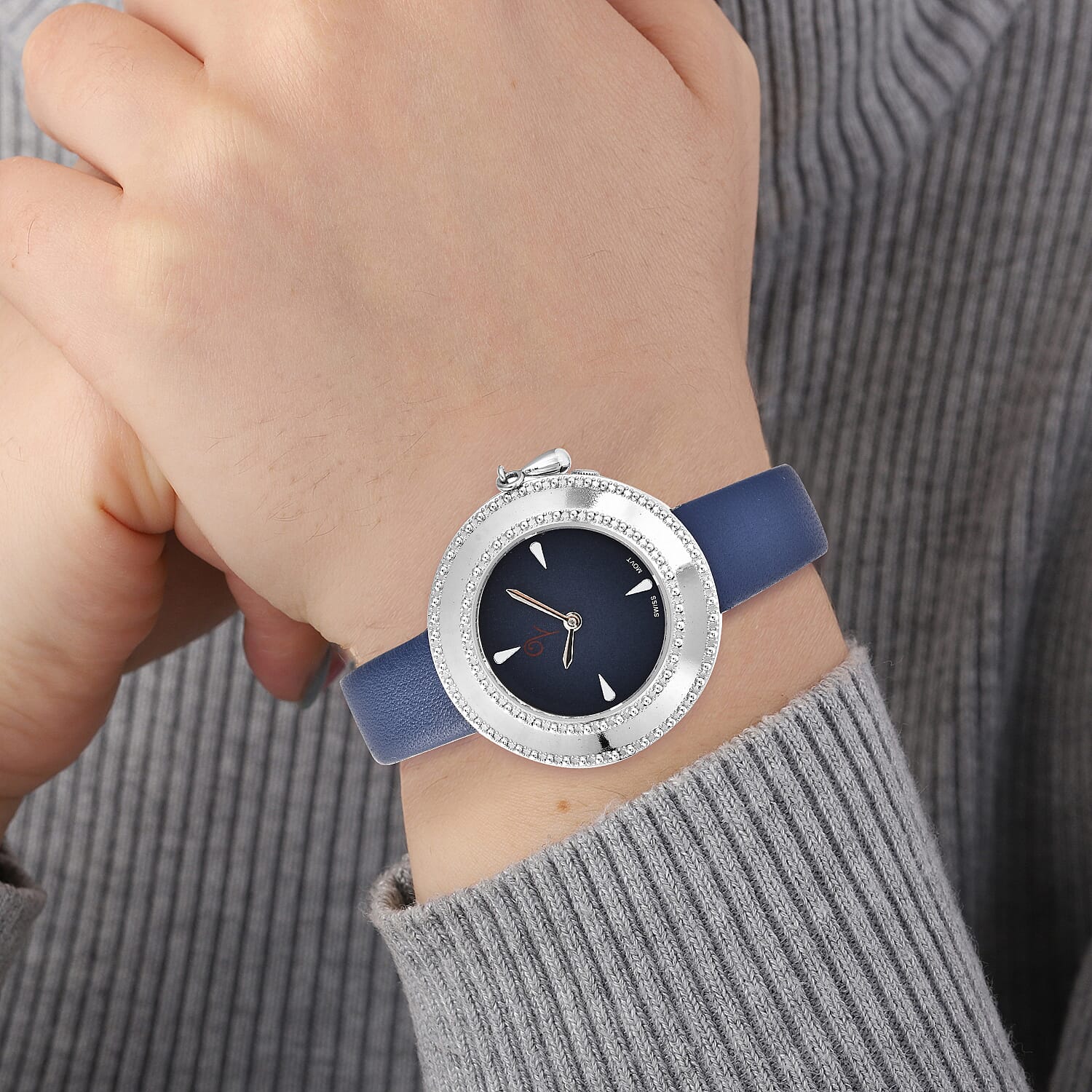 Lucy Q Swiss Movement 5 ATM Water Resistent Watch with Charm with Blue Strap in Stainless Steel