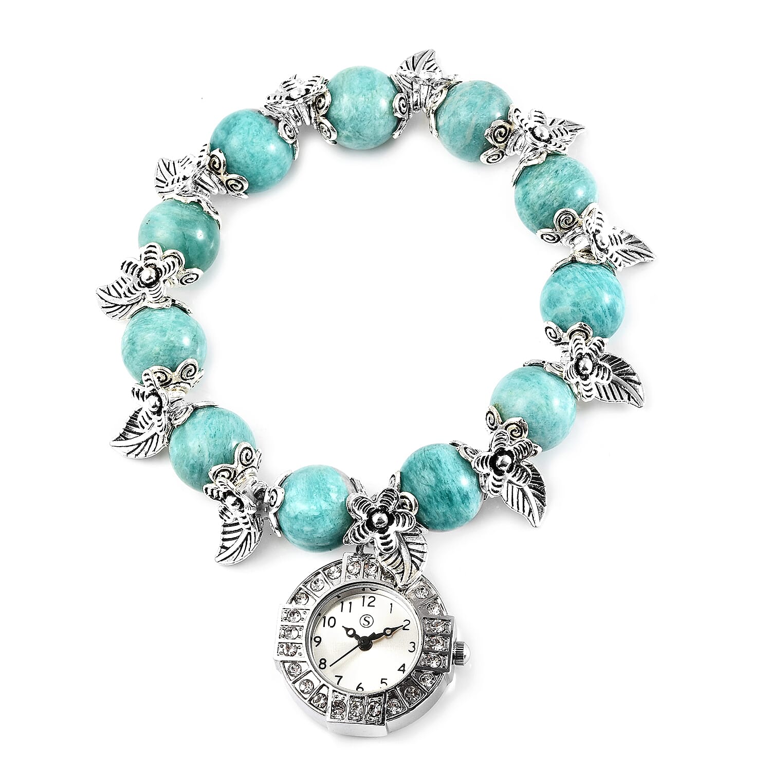 STRADA Japanese Movement White Austrian Crystal Studded Amazonite Beads Stretchable Bracelet (6.5-7) Water Resistant Floral & Leaf Charm Watch in Silver Tone