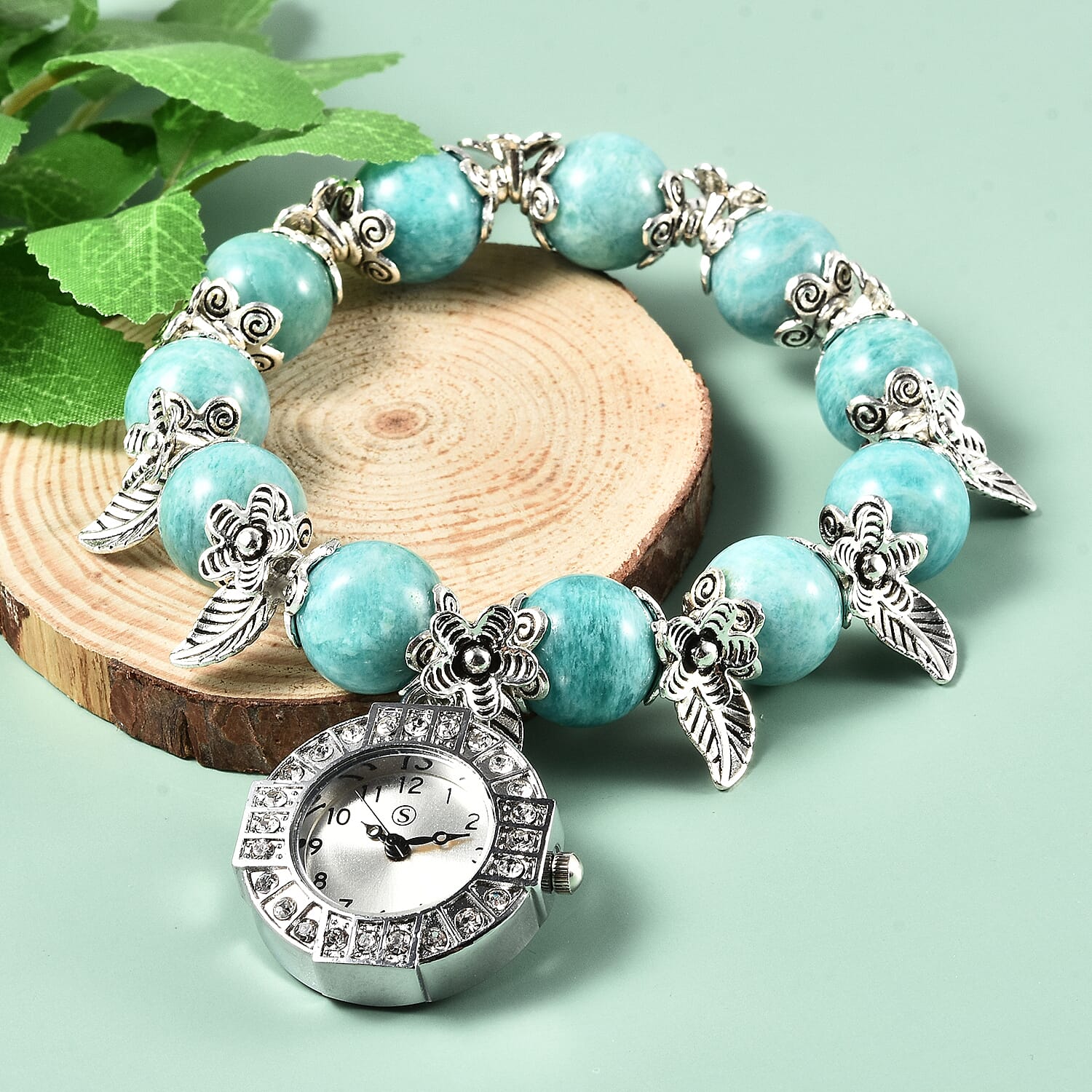 STRADA Japanese Movement White Austrian Crystal Studded Amazonite Beads Stretchable Bracelet (6.5-7) Water Resistant Floral & Leaf Charm Watch in Silver Tone