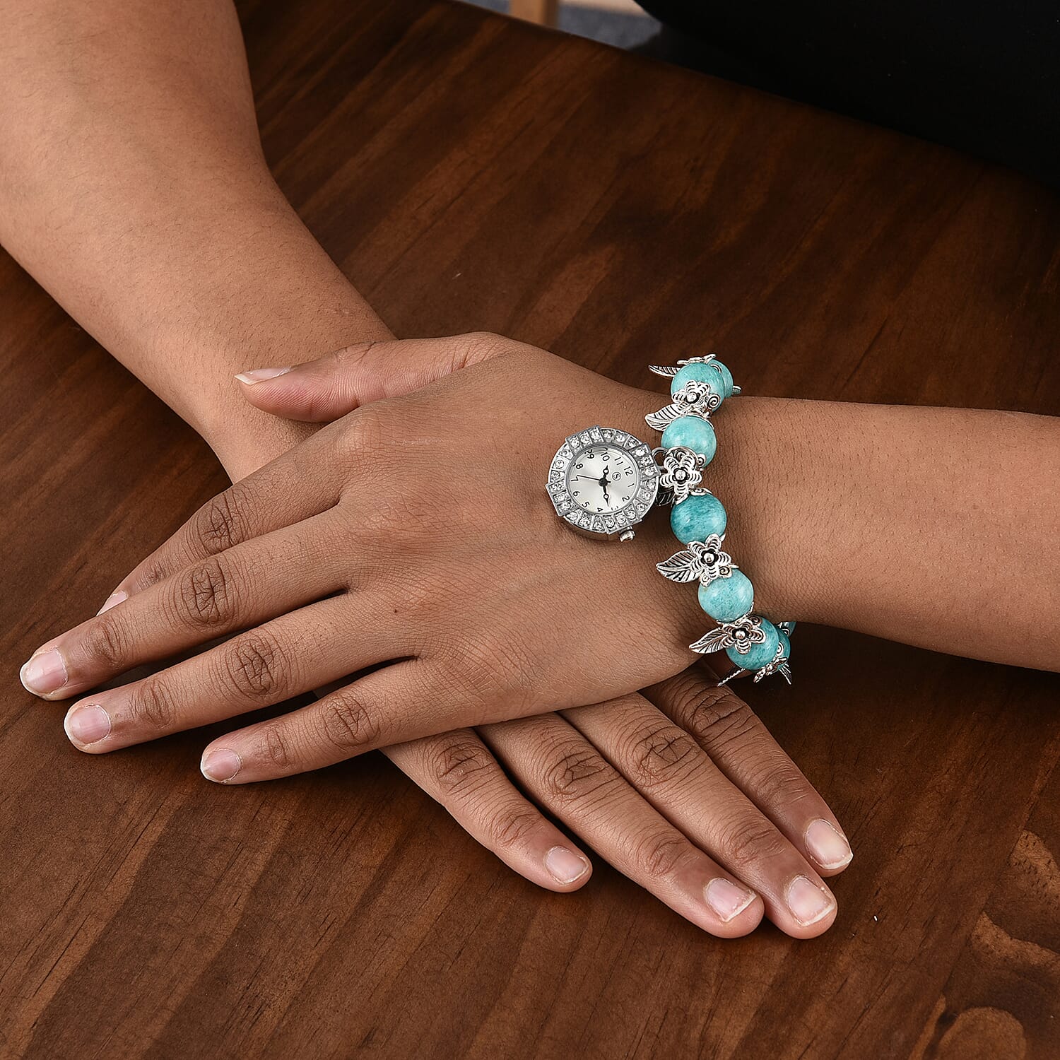 STRADA Japanese Movement White Austrian Crystal Studded Amazonite Beads Stretchable Bracelet (6.5-7) Water Resistant Floral & Leaf Charm Watch in Silver Tone