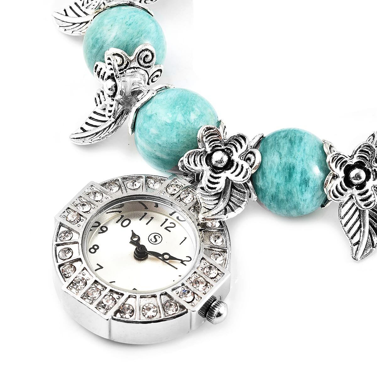 STRADA Japanese Movement White Austrian Crystal Studded Amazonite Beads Stretchable Bracelet (6.5-7) Water Resistant Floral & Leaf Charm Watch in Silver Tone