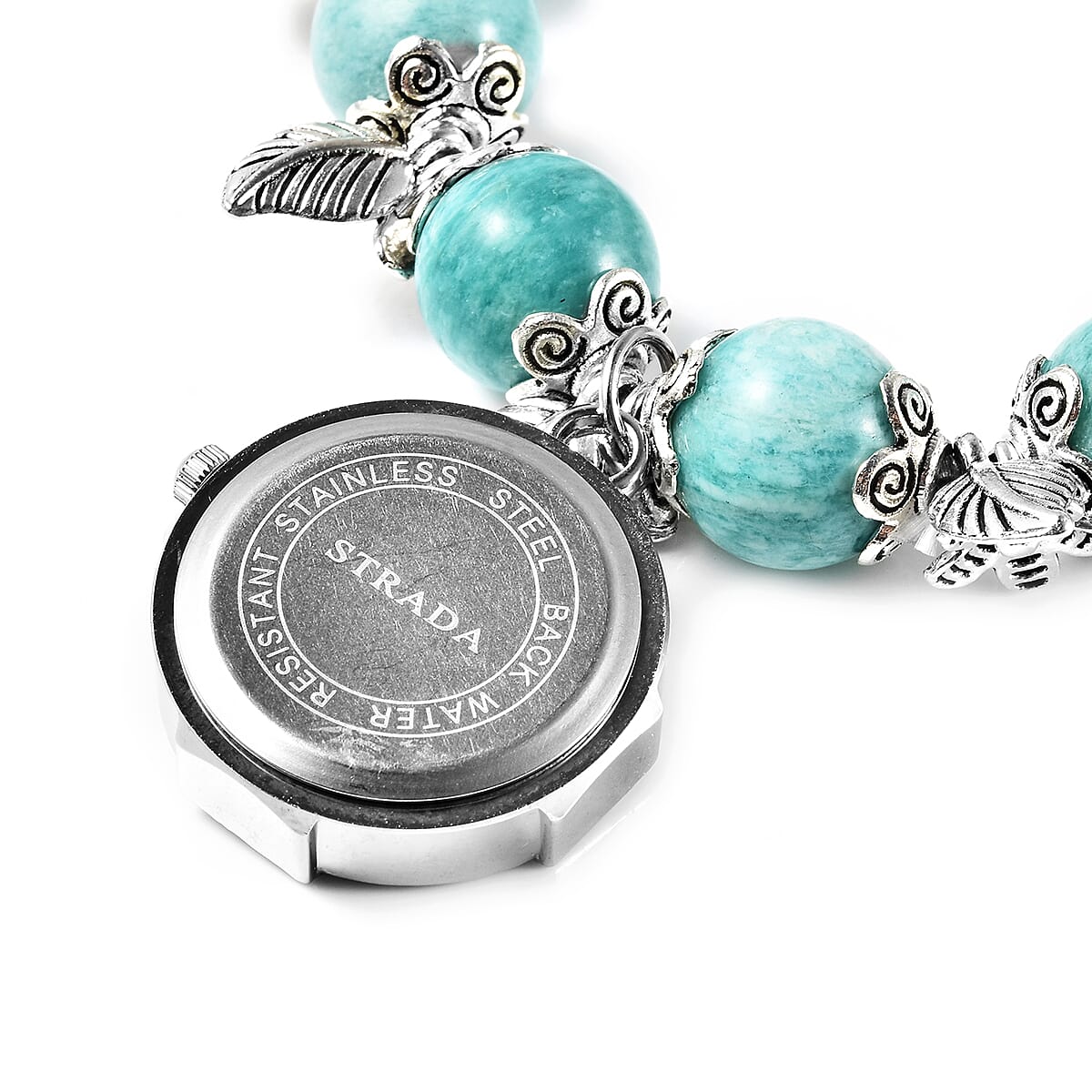 STRADA Japanese Movement White Austrian Crystal Studded Amazonite Beads Stretchable Bracelet (6.5-7) Water Resistant Floral & Leaf Charm Watch in Silver Tone