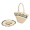 2 Piece Set - Handbag with Matching Hat Glittering Braided Stripe Pattern Tote Bag and Zipper Closure (Size 48x30x17 Cm) - Beige