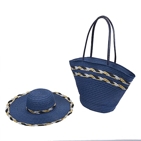 2 Piece Set - Handbag with Matching Glittering Braided Stripe Pattern Hat Tote Bag and Zipper Closure - Blue