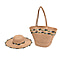 2 Piece Set - Handbag with Matching Hat Glittering Braided Stripe Pattern Tote Bag and Zipper Closure (Size 48x30x17 Cm) - Beige