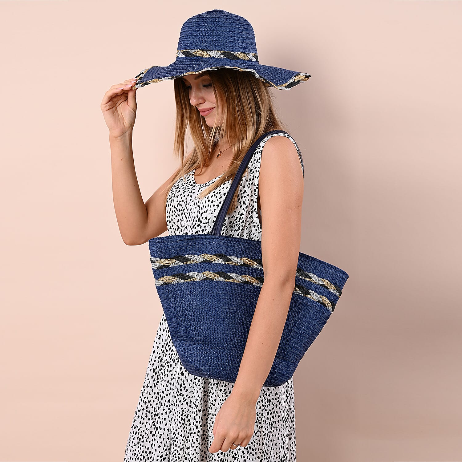 2 Piece Set - Handbag with Matching Hat Tote Bag - Beige and Khaki