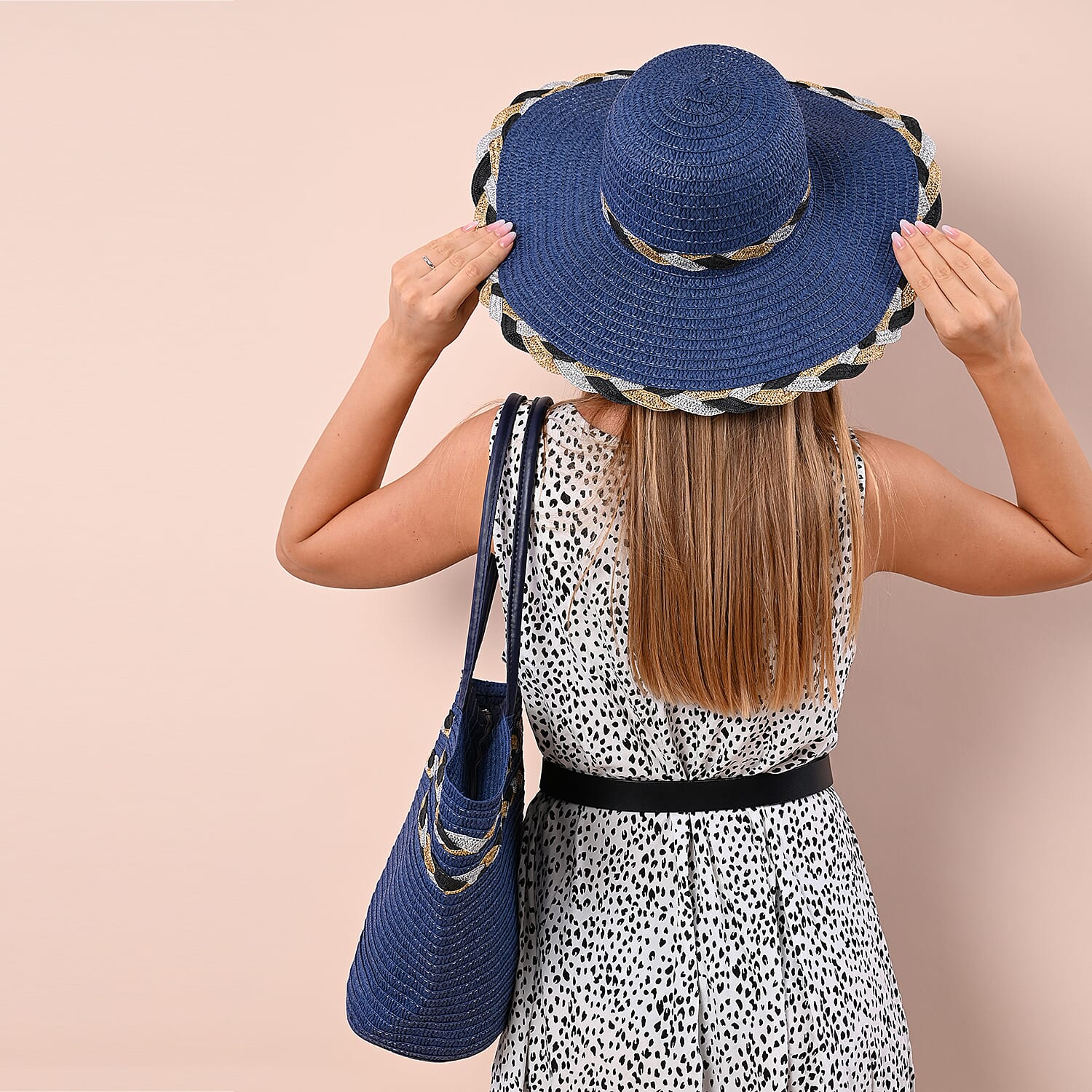 2 Piece Set - Handbag with Matching Hat Tote Bag - Beige and Khaki
