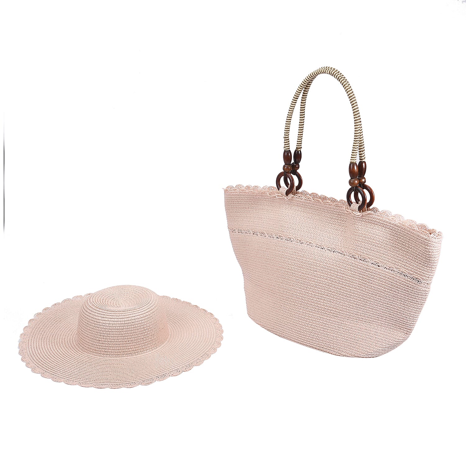 2 Piece Set - Handbag with Matching Hat Tote Bag and Zipper Closure (Size 48x30x17 Cm) - Dusty Pink