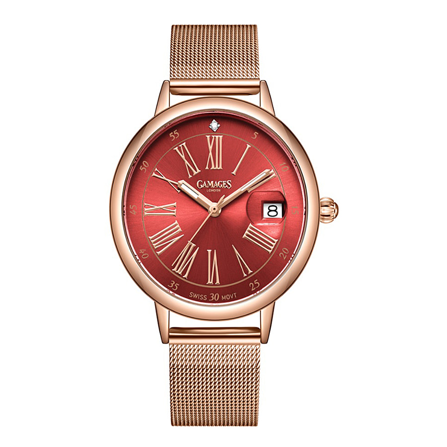 GAMAGES OF LONDON Ladies Sophisticated Swiss Movement Red Dial Diamond Studded Water Resistant Watch with Rose Gold Colour Mesh Bracelet