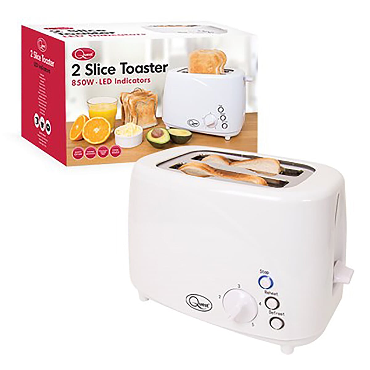 2-Slice LED Buttons Toaster with 3 Functions and 5 Browning Levels - White