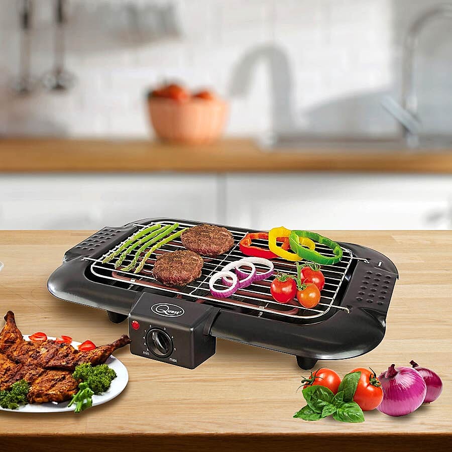 Electric BBQ Grill with Water Filled Drip Tray for Reduced Smoke and Odour and Adjustable Temperature Dial
