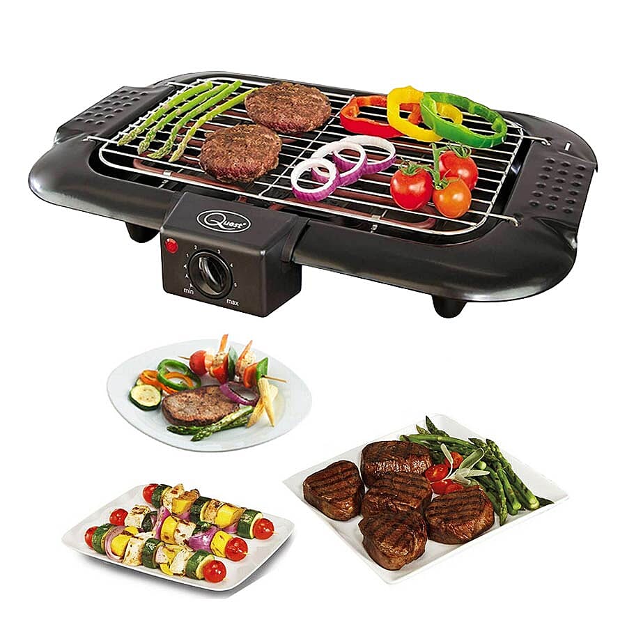 Electric BBQ Grill with Water Filled Drip Tray for Reduced Smoke and Odour and Adjustable Temperature Dial