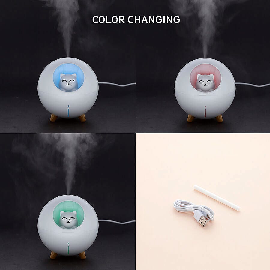 The Fifth Season - Cute Planet Cat Humidifier with 10ml Lavender Fragrance Oil and Colour Changing LED Light - White