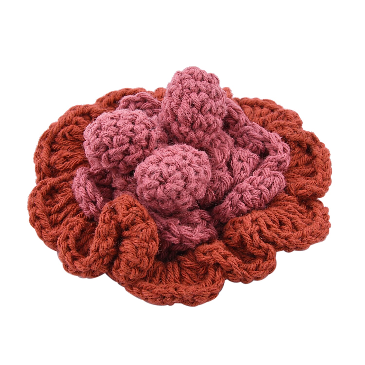 Bali Collection - 100% Cotton Floral Pattern Crochet Brooch - Brick and Pink