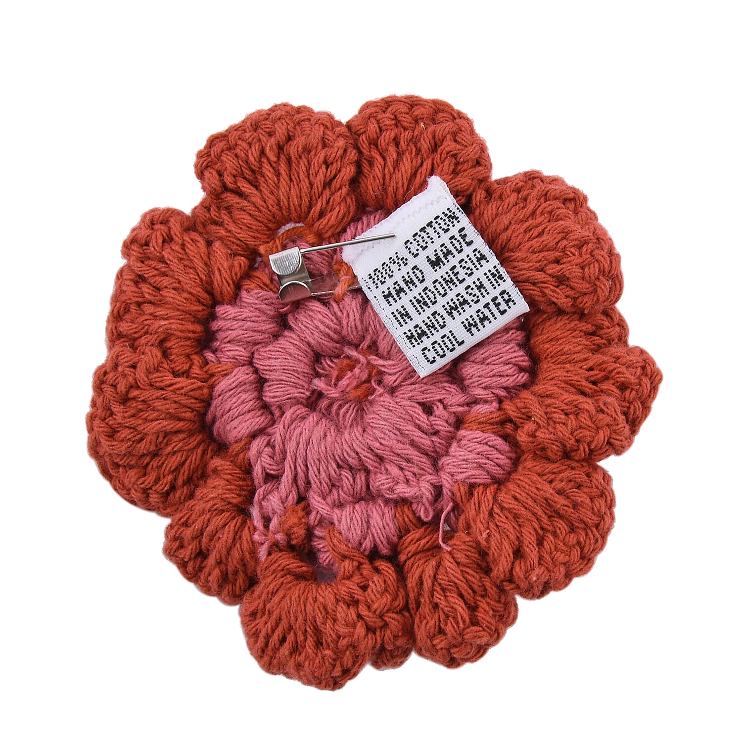 Bali Collection - 100% Cotton Floral Pattern Crochet Brooch - Brick and Pink