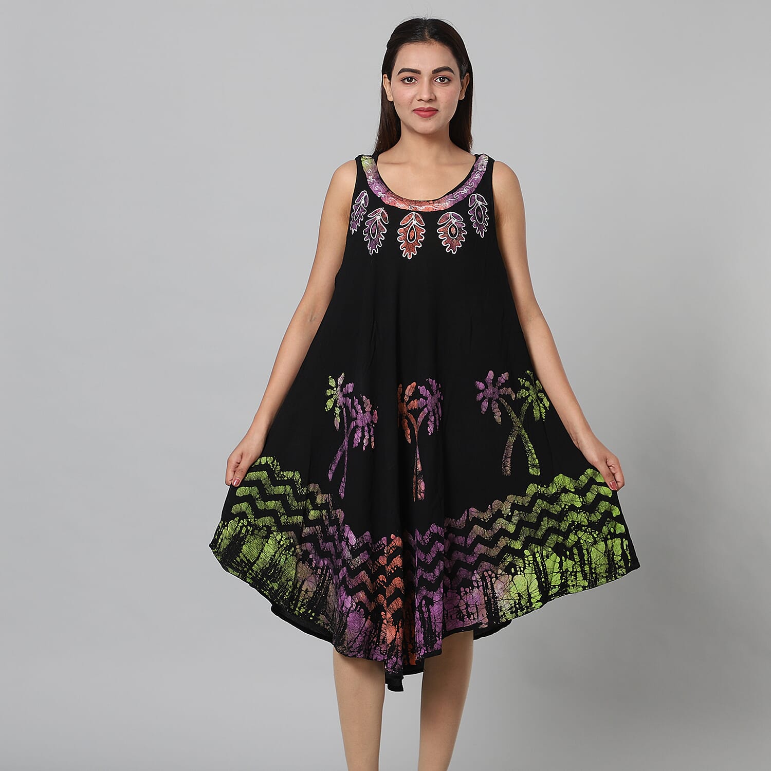 100% Viscose Tree Pattern Tie Dye Palm Women Dress (One Size 8-20) - Black