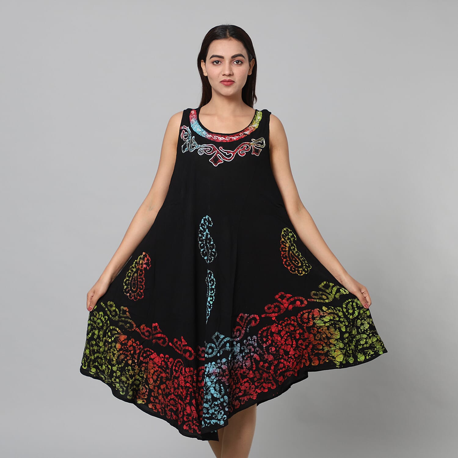 100% Viscose Tie Dye Paisley Pattern Womens Dress (One Size 8-20) - Black