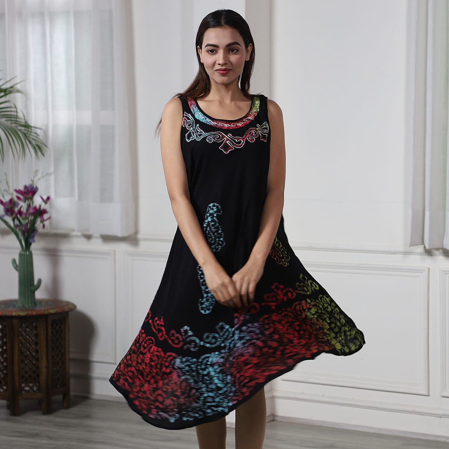 100% Viscose Tie Dye Paisley Pattern Womens Dress (One Size 8-20) - Black