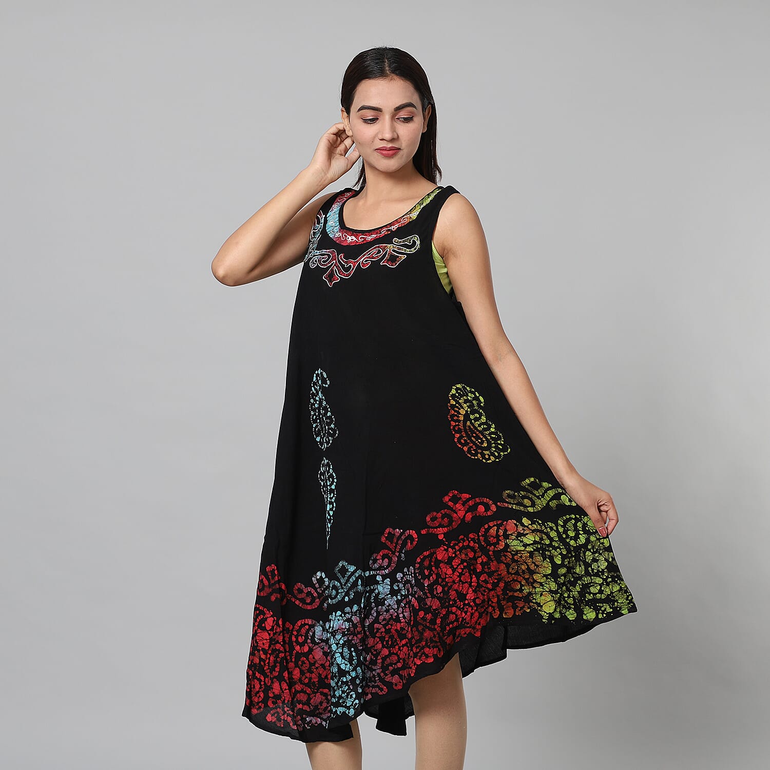 100% Viscose Tie Dye Paisley Pattern Womens Dress (One Size 8-20) - Black