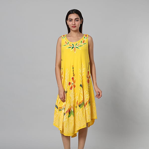 Tie & Dye Yellow Umbrella Dress in Floral and Leaf Pattern Size upto 20