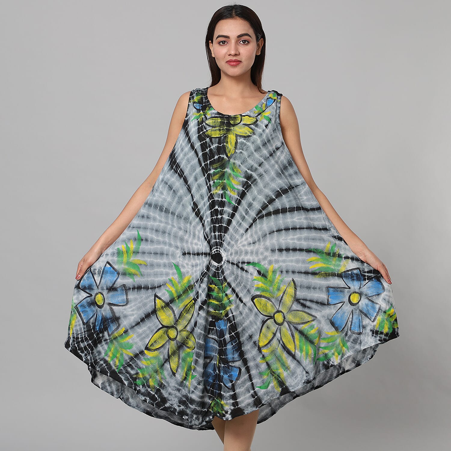 Tie & Dye Umbrella Dress in Grey and Black (Size upto 20)  Length - 120cm/47in