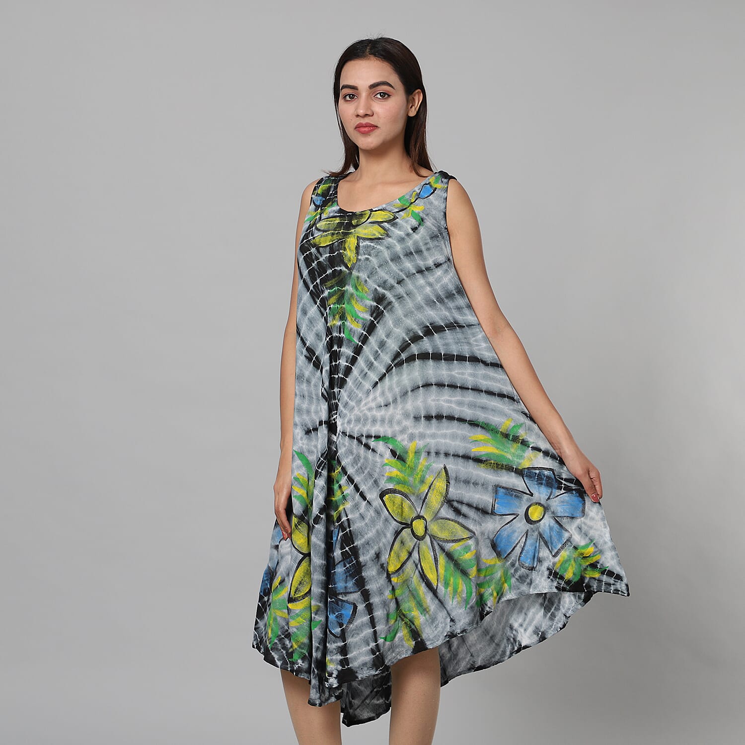 Tie & Dye Umbrella Dress in Grey and Black (Size upto 20)  Length - 120cm/47in