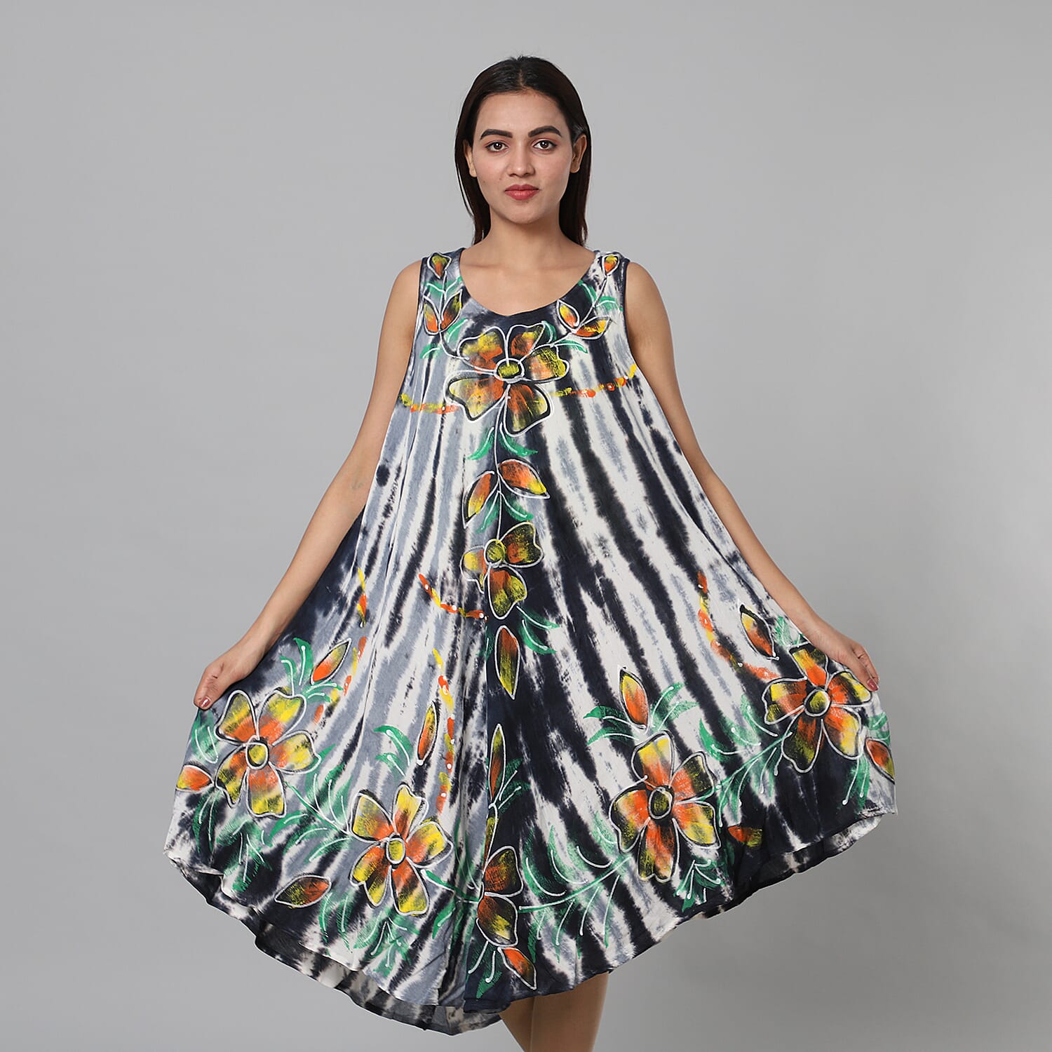 Tie & Dye Black and White Umbrella Dress in Floral Pattern (Size upto 18)
