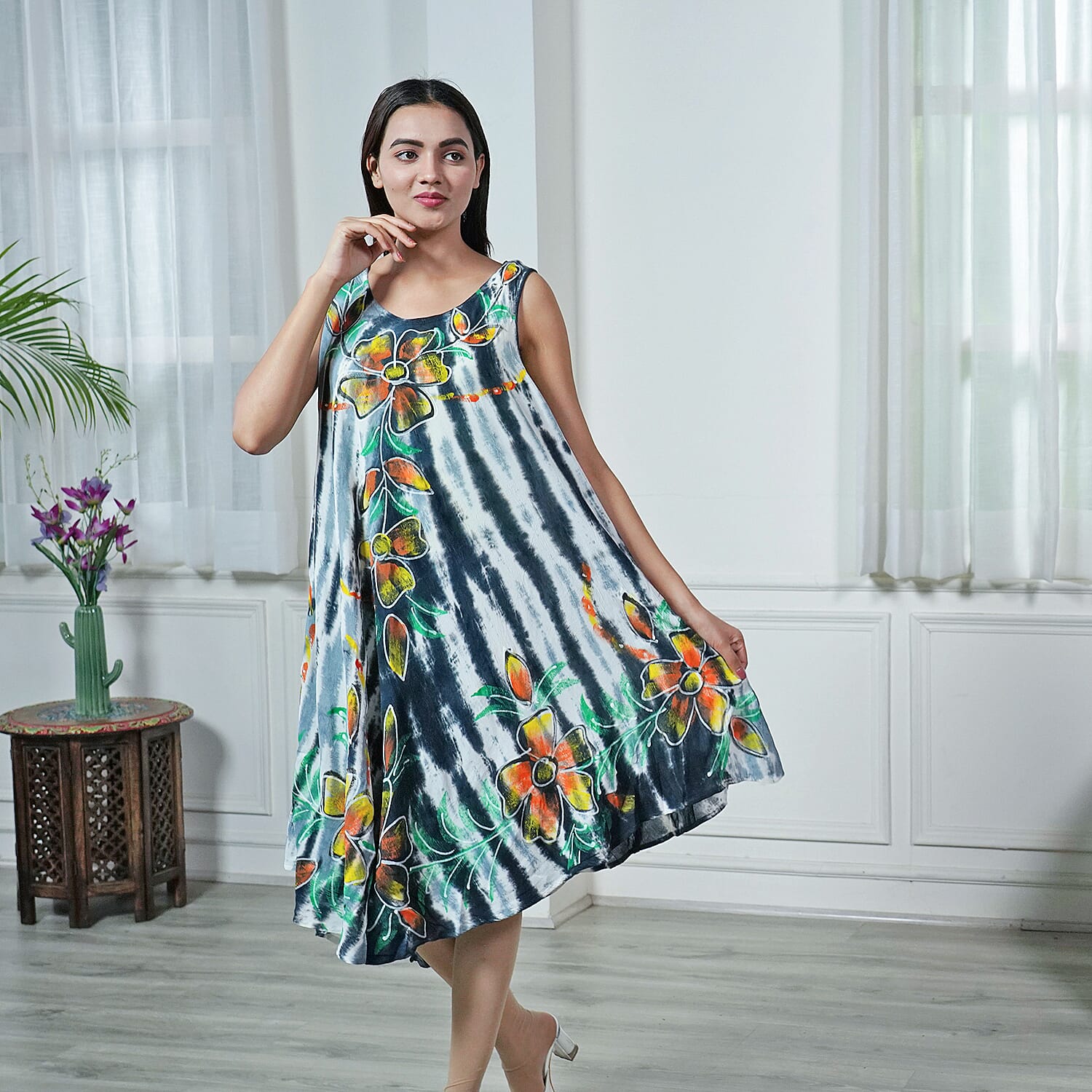 Tie & Dye Black and White Umbrella Dress in Floral Pattern (Size upto 18)