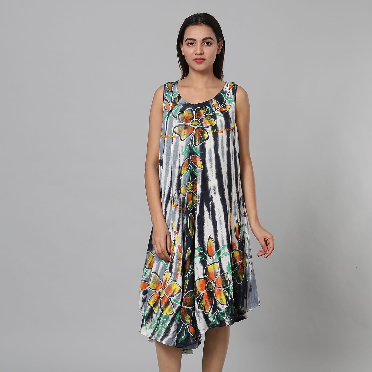 Tie & Dye Black and White Umbrella Dress in Floral Pattern (Size upto 18)