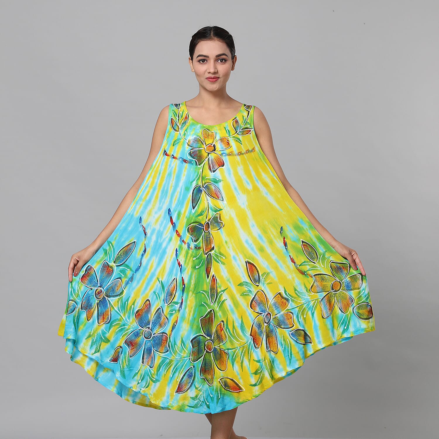 Tie & Dye Blue and Yellow Umbrella Dress in Floral Pattern (Size upto 18)  Length - 120cm-47in