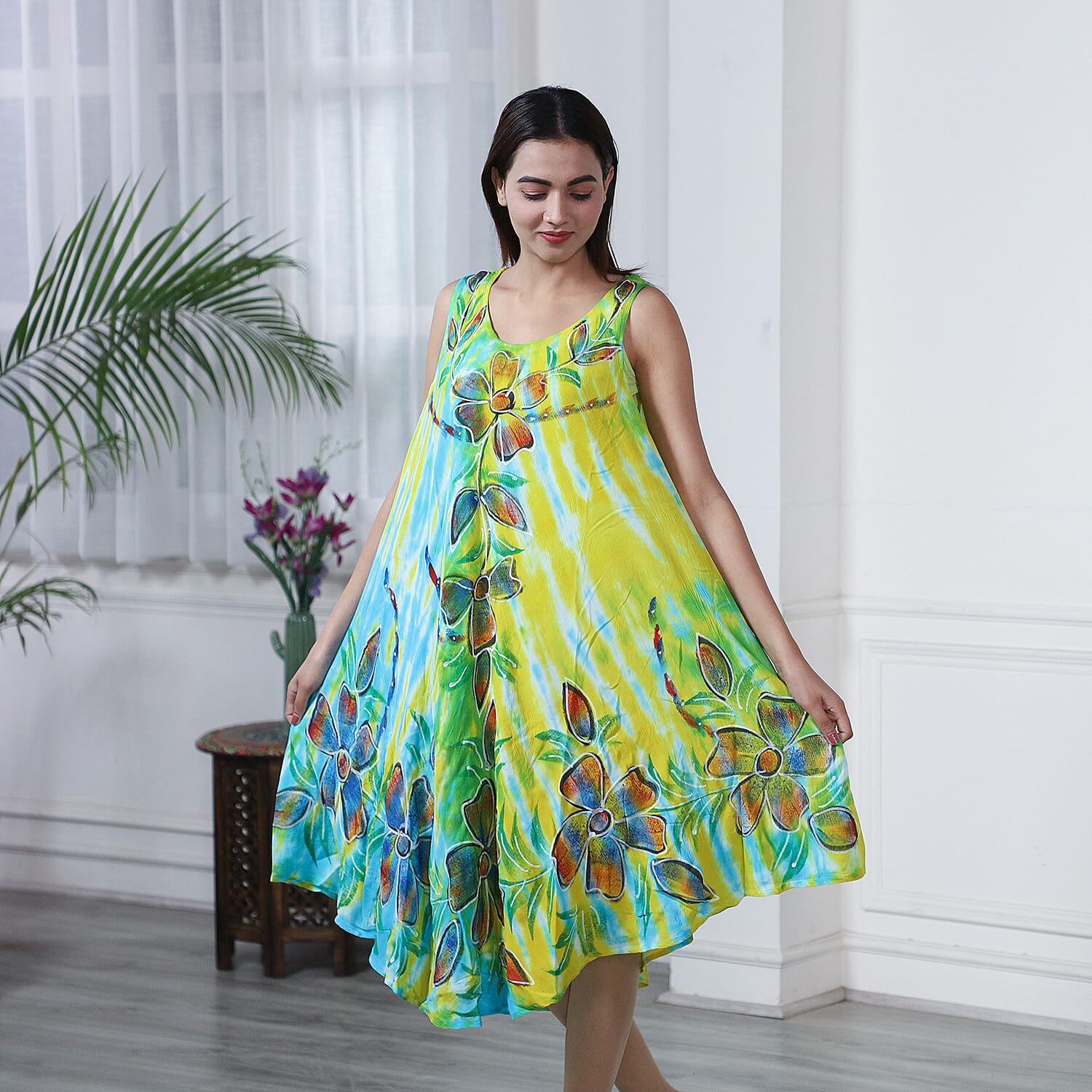 Tie & Dye Blue and Yellow Umbrella Dress in Floral Pattern (Size upto 18)  Length - 120cm-47in