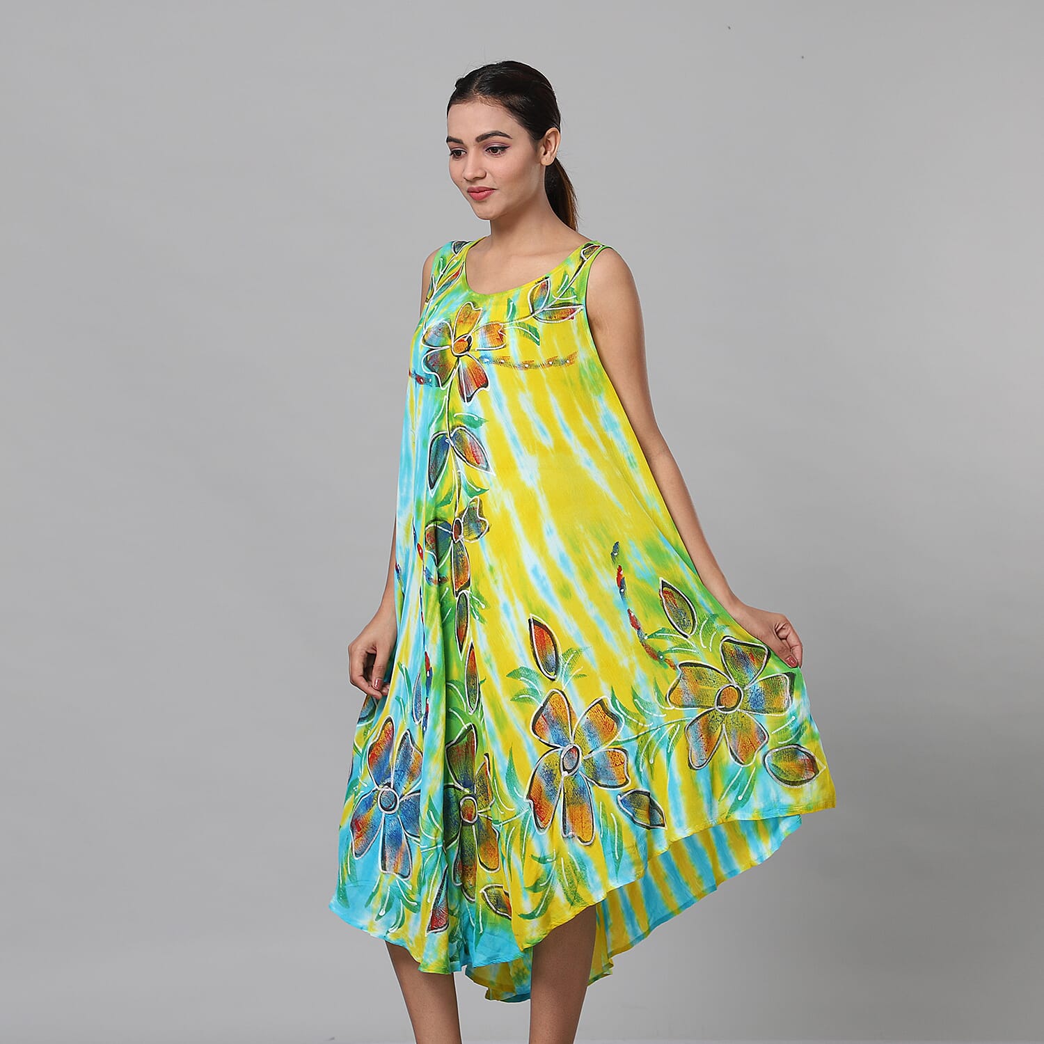 Tie & Dye Blue and Yellow Umbrella Dress in Floral Pattern (Size upto 18)  Length - 120cm-47in