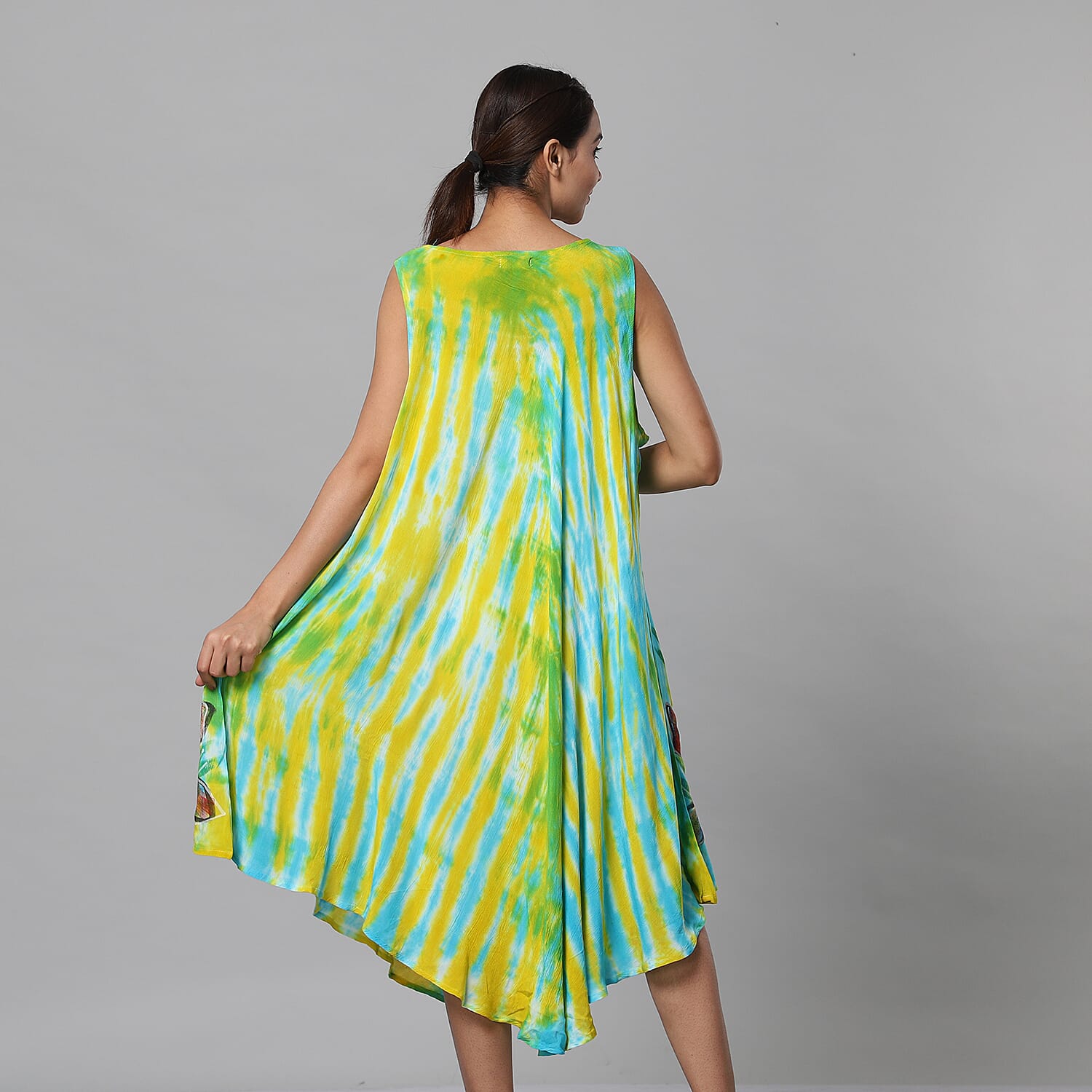 Tie & Dye Blue and Yellow Umbrella Dress in Floral Pattern (Size upto 18)  Length - 120cm-47in