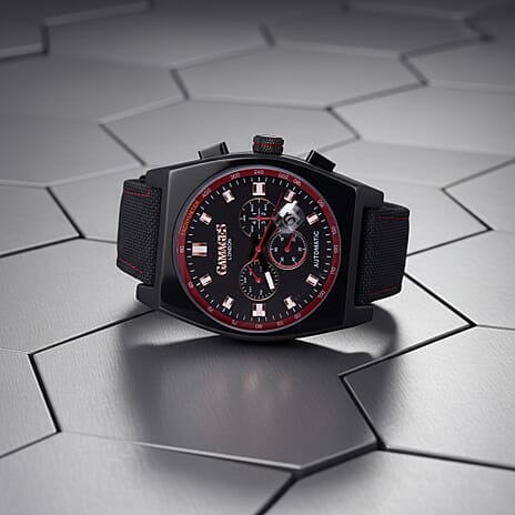 GAMAGES OF LONDON Limited Edition Hand Assembled Retro Calibre Automatic Watch in Black & Red