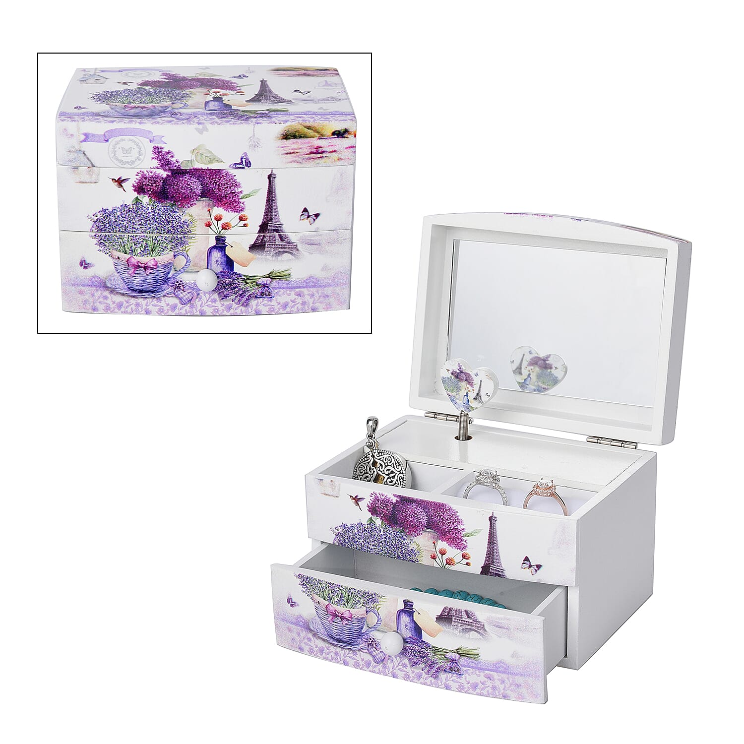 2 Layer Musical Flower Pot and Tower Printed Jewellery Box with Drawer and Inside Mirror (Size 13x10x9cm) - White & Purple