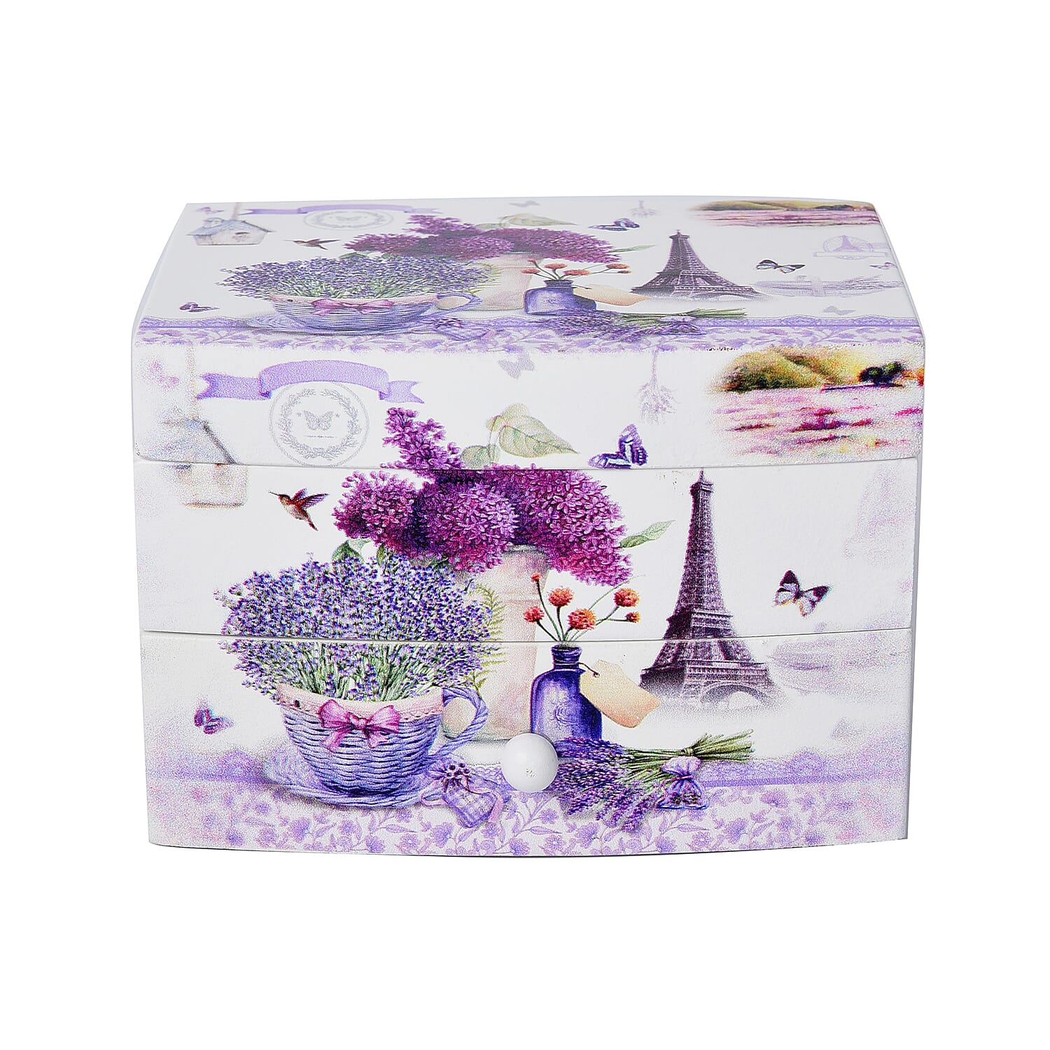 2 Layer Musical Flower Pot and Tower Printed Jewellery Box with Drawer and Inside Mirror (Size 13x10x9cm) - White & Purple