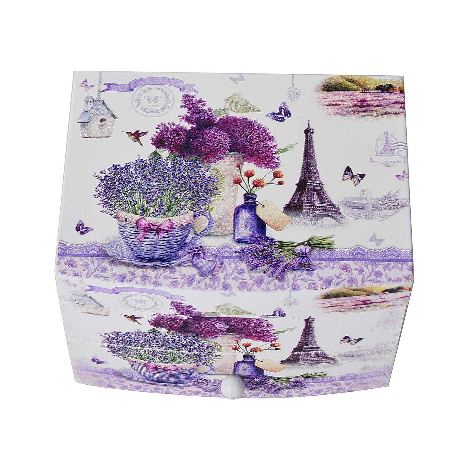 2 Layer Musical Flower Pot and Tower Printed Jewellery Box with Drawer and Inside Mirror (Size 13x10x9cm) - White & Purple