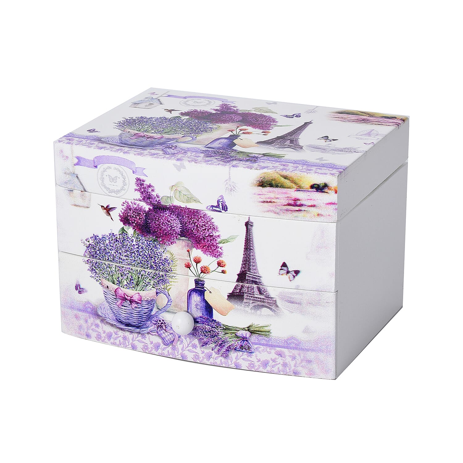 2 Layer Musical Flower Pot and Tower Printed Jewellery Box with Drawer and Inside Mirror (Size 13x10x9cm) - White & Purple
