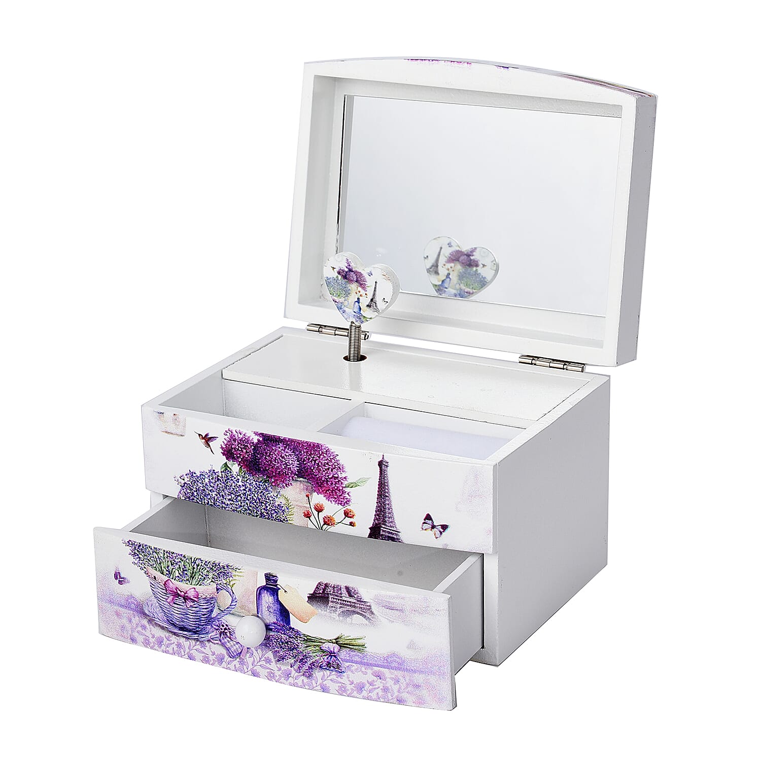 2 Layer Musical Flower Pot and Tower Printed Jewellery Box with Drawer and Inside Mirror (Size 13x10x9cm) - White & Purple