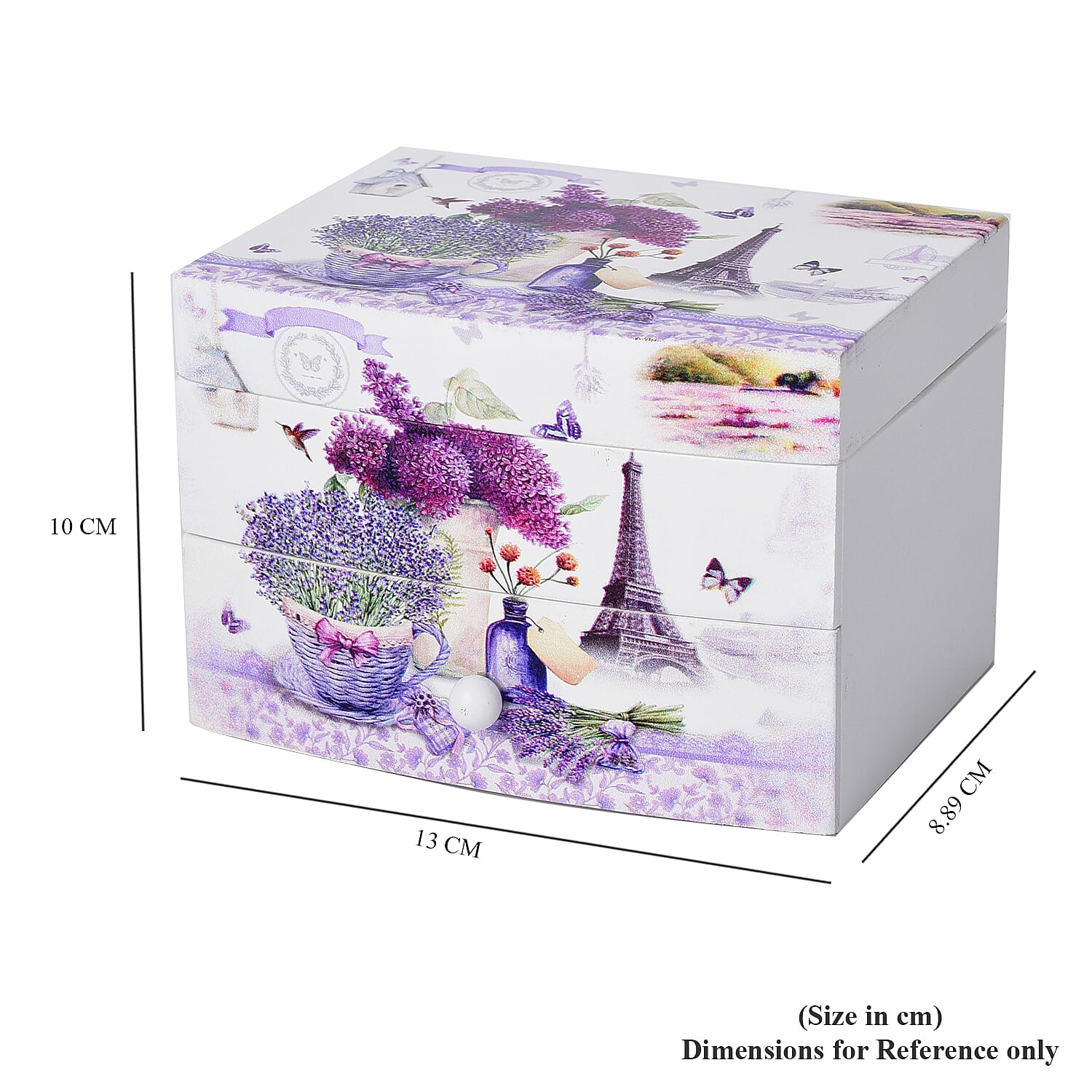 2 Layer Musical Flower Pot and Tower Printed Jewellery Box with Drawer and Inside Mirror (Size 13x10x9cm) - White & Purple