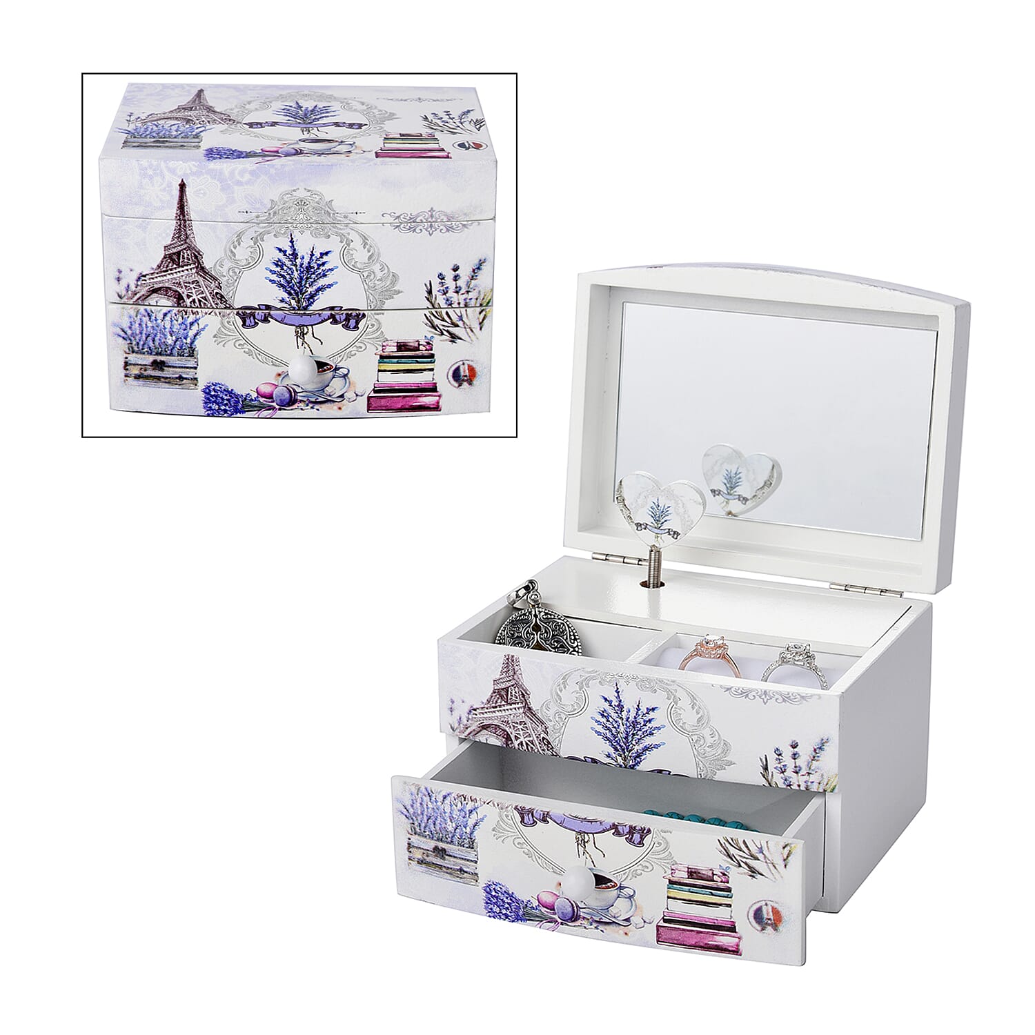 2 Layer Musical Cup, Saucer and Tower Printed Jewellery Box with Drawer and Inside Mirror (Size 13x10x9cm) - White, Purple & Grey