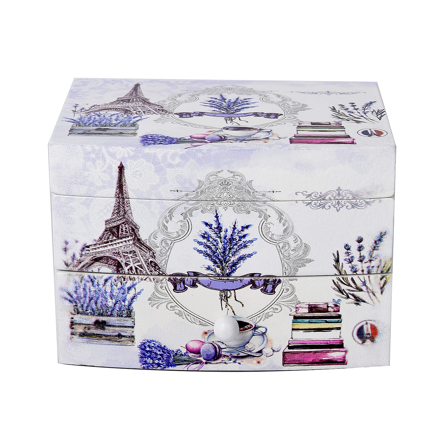 2 Layer Musical Cup, Saucer and Tower Printed Jewellery Box with Drawer and Inside Mirror (Size 13x10x9cm) - White, Purple & Grey