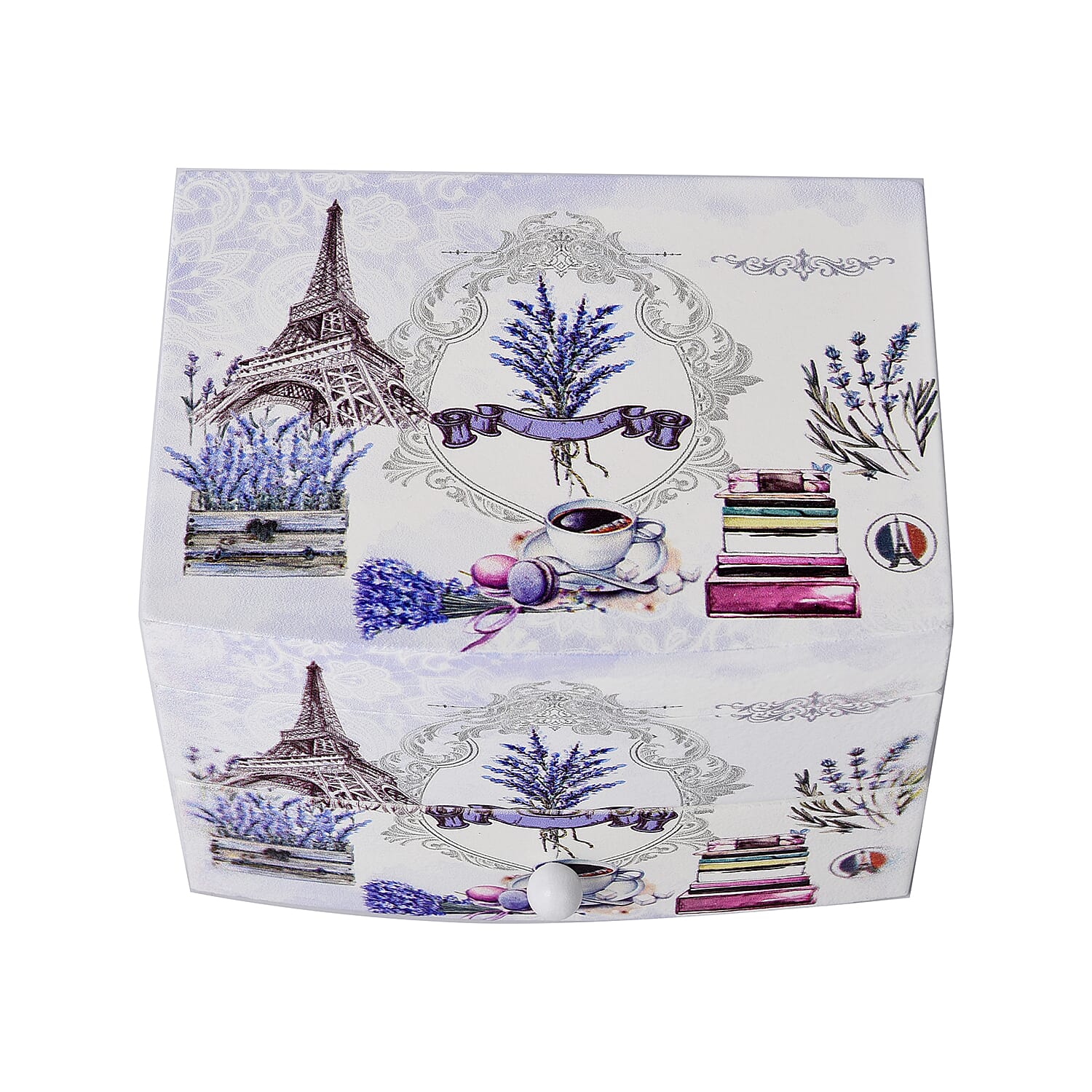 2 Layer Musical Cup, Saucer and Tower Printed Jewellery Box with Drawer and Inside Mirror (Size 13x10x9cm) - White, Purple & Grey