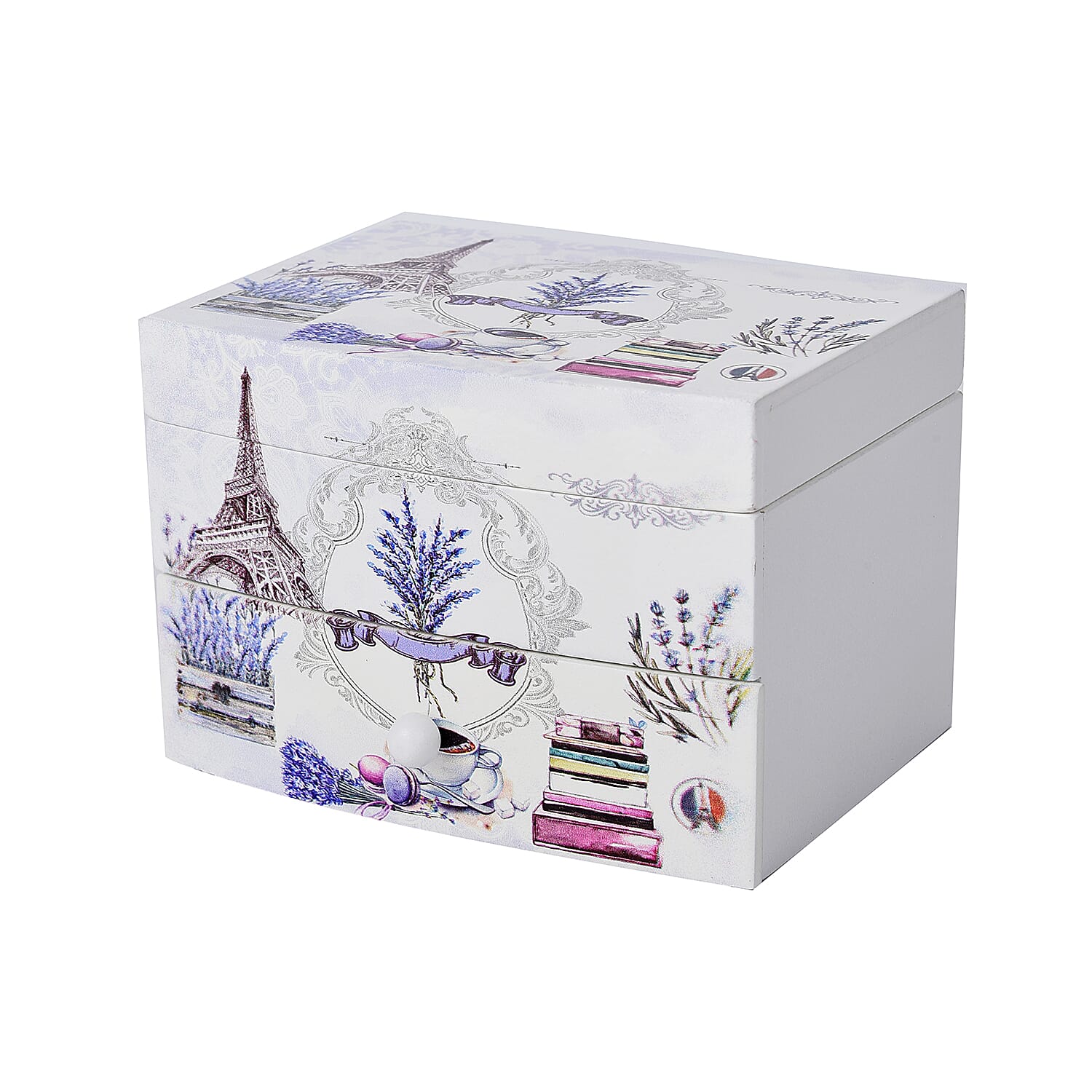 2 Layer Musical Cup, Saucer and Tower Printed Jewellery Box with Drawer and Inside Mirror (Size 13x10x9cm) - White, Purple & Grey