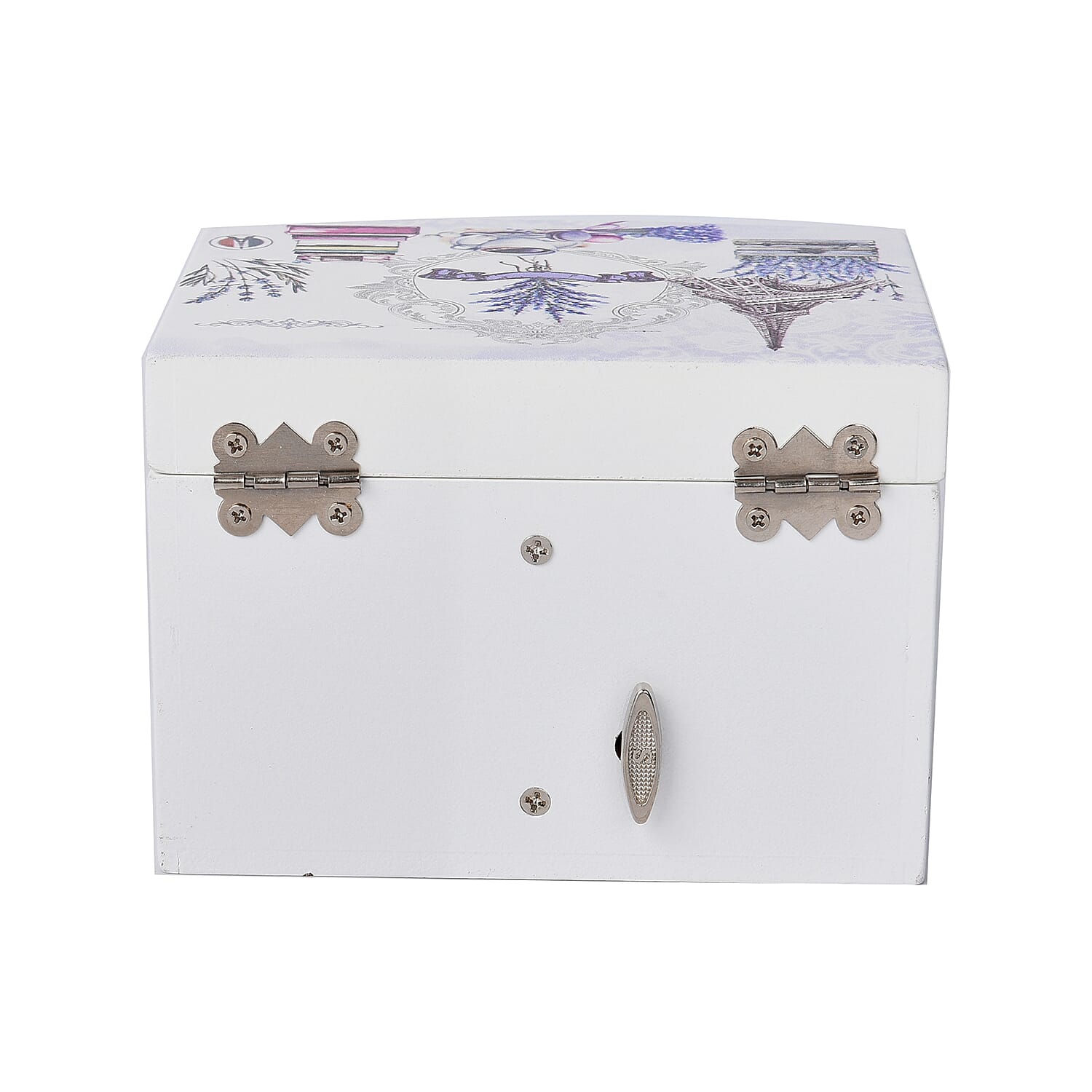 2 Layer Musical Cup, Saucer and Tower Printed Jewellery Box with Drawer and Inside Mirror (Size 13x10x9cm) - White, Purple & Grey