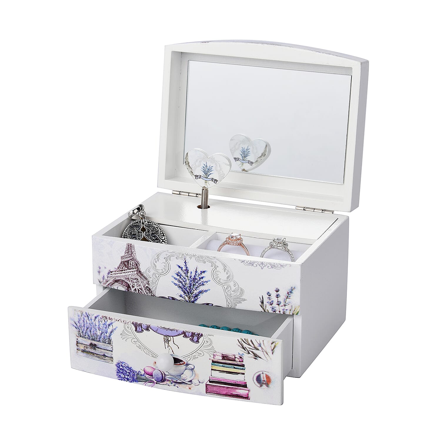 2 Layer Musical Cup, Saucer and Tower Printed Jewellery Box with Drawer and Inside Mirror (Size 13x10x9cm) - White, Purple & Grey