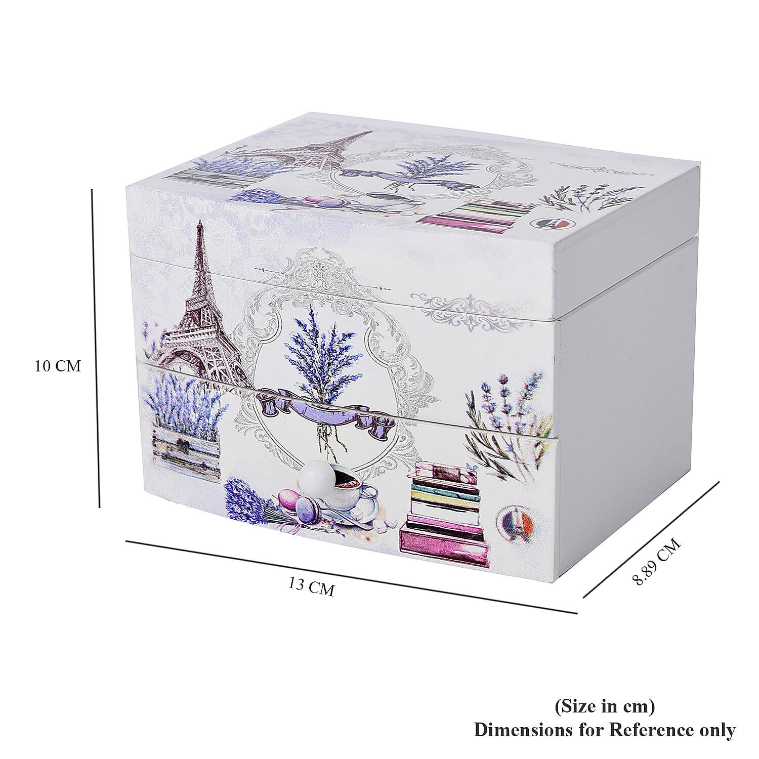 2 Layer Musical Cup, Saucer and Tower Printed Jewellery Box with Drawer and Inside Mirror (Size 13x10x9cm) - White, Purple & Grey