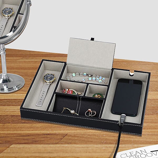 6 Section Portable Jewellery Organiser (Size 35x24x4Cm) - Black